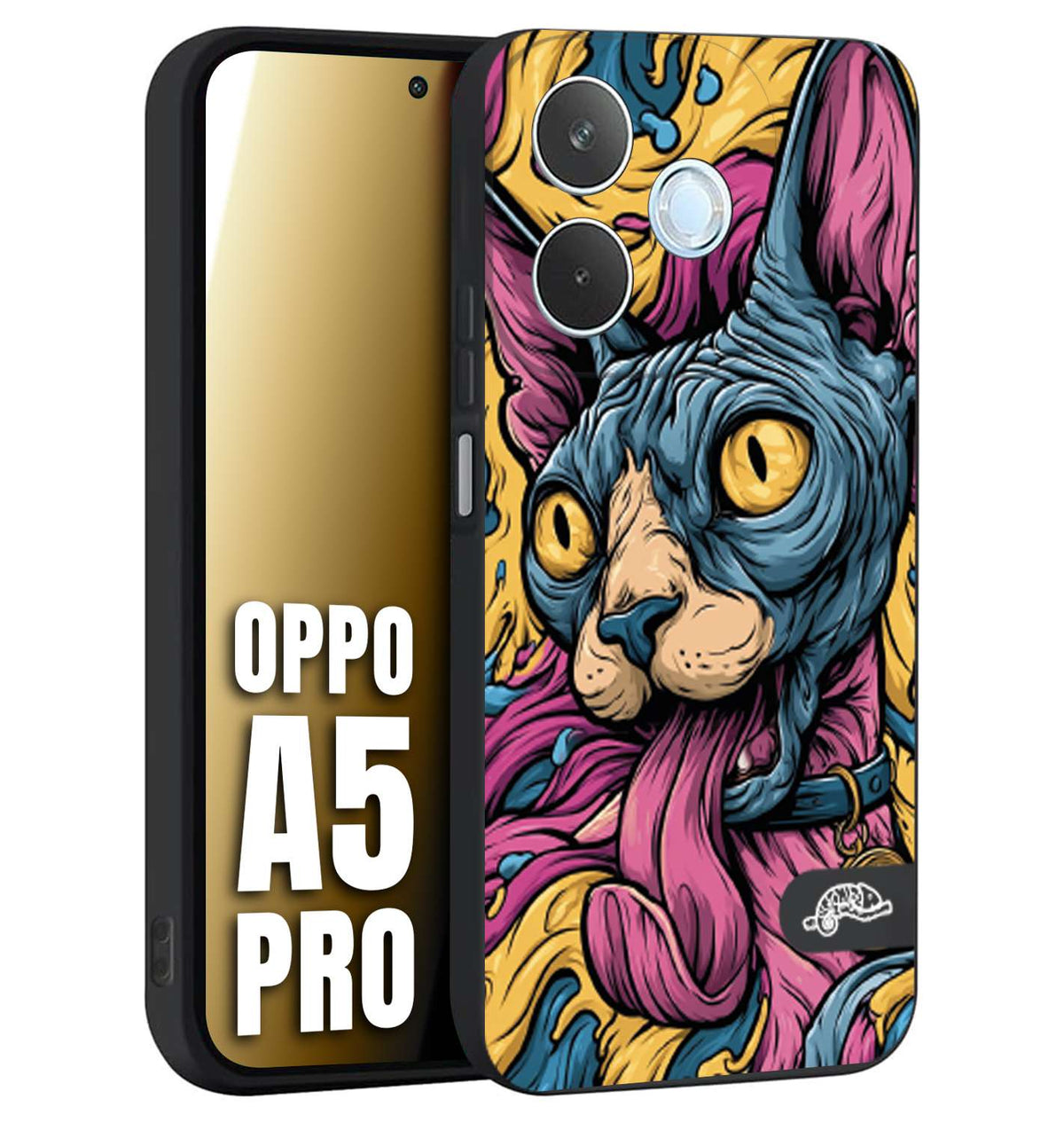 CUSTOMIZZA - Custodia cover nera morbida in tpu compatibile per Oppo A5 PRO Sphynx Colorato Pop Art Psichedelico Gatto Blu Rosa Giallo Artistica Fantasy