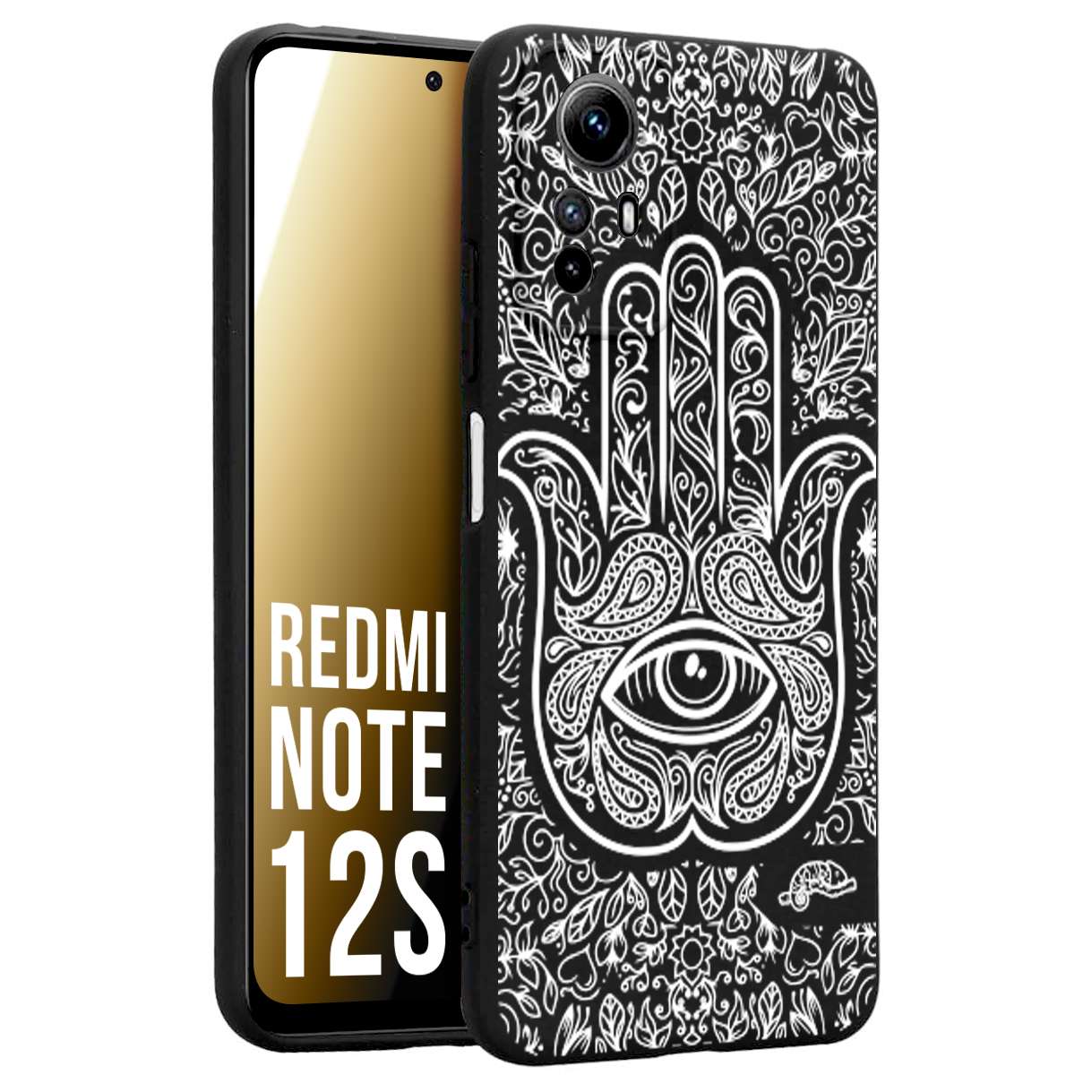 CUSTOMIZZA - Custodia cover nera morbida in tpu compatibile per Xiaomi Redmi Note 12S mano di fatima effetto rilievo mandala donna