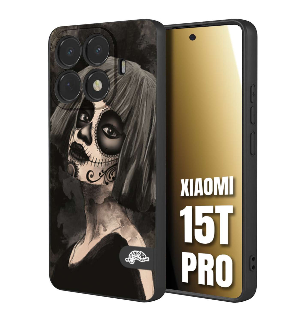 CUSTOMIZZA - Custodia cover nera morbida in tpu compatibile per Xiaomi 15T PRO chicana messicana dea de la muerte donna santa tattoo disegnata