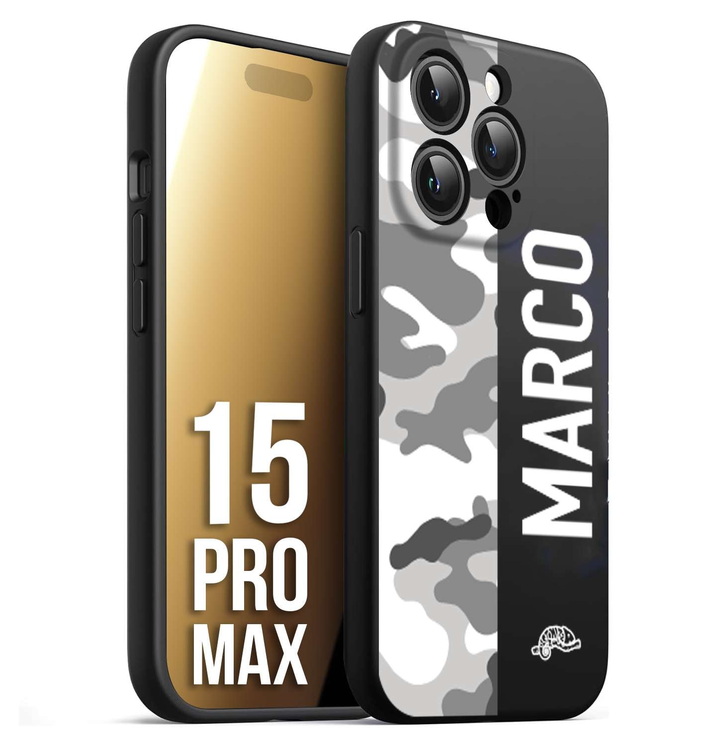 CUSTOMIZZA - Custodia cover nera morbida in tpu compatibile per iPhone 15 PRO MAX camouflage mimetico militare personalizzata nome bianco