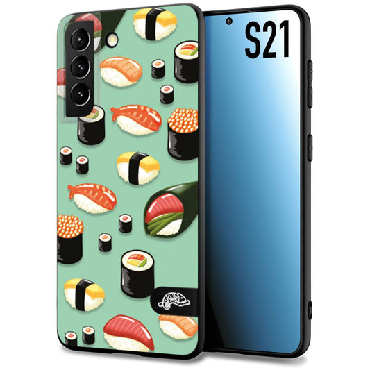 CUSTOMIZZA - Custodia cover nera morbida in tpu compatibile per Samsung S21 sushi disegni giapponese nighiri acquamarina verde