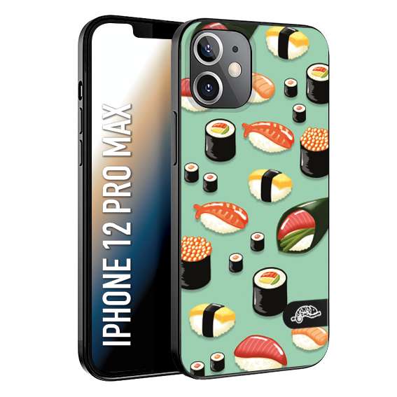 CUSTOMIZZA - Custodia cover nera morbida in tpu compatibile per iPhone 12 PRO MAX sushi disegni giapponese nighiri acquamarina verde