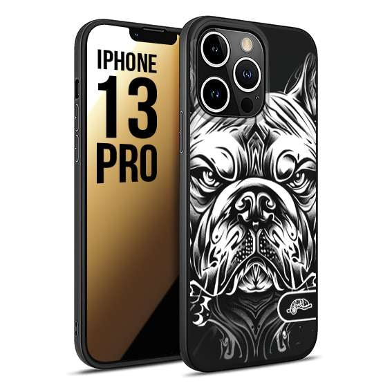 CUSTOMIZZA - Custodia cover nera morbida in tpu compatibile per iPhone 13 PRO bulldog bianco a rilievo disegnato tattoo tatuaggio