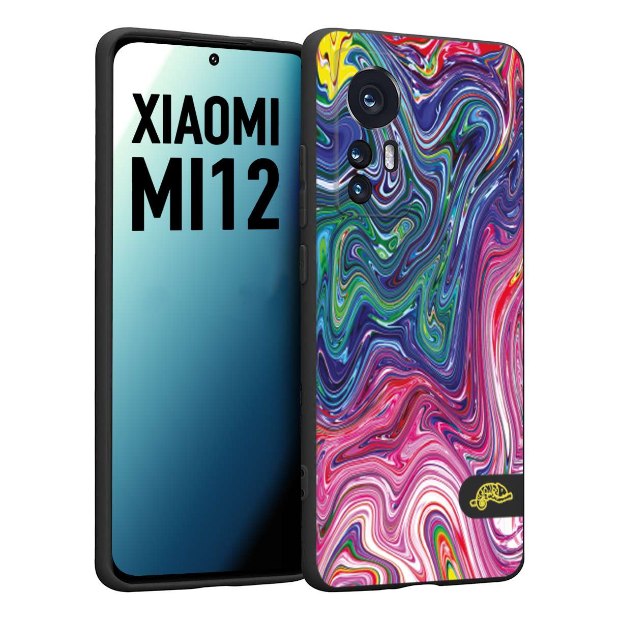 CUSTOMIZZA - Custodia cover nera morbida in tpu compatibile per Xiaomi 12 5G colorata fantasia vortice marmo arcobaleno rosa blu fucsia