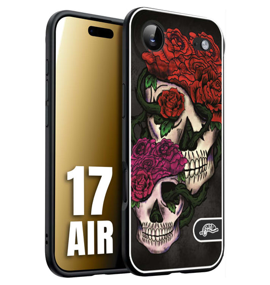 CUSTOMIZZA - Custodia cover nera morbida in tpu compatibile per iPhone 17 AIR teschi e rose rosse fucsia skull and roses