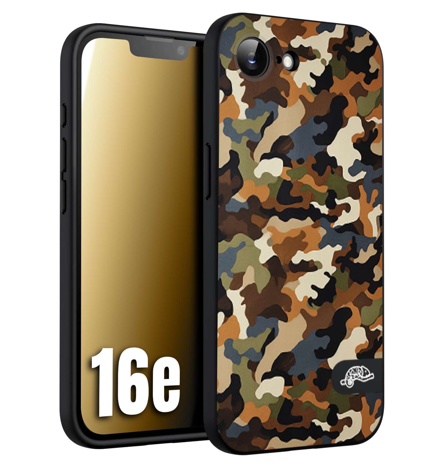 CUSTOMIZZA - Custodia cover nera morbida in tpu compatibile per iPhone 16E camouflage mimetico militare moderno blu marrone beige