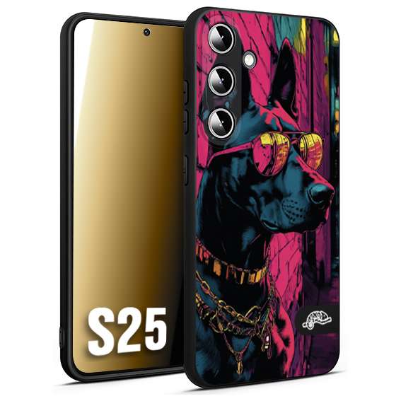 CUSTOMIZZA - Custodia cover nera morbida in tpu compatibile per Samsung S25 animali cyberpunk dobermann cane street dog fucsia blu