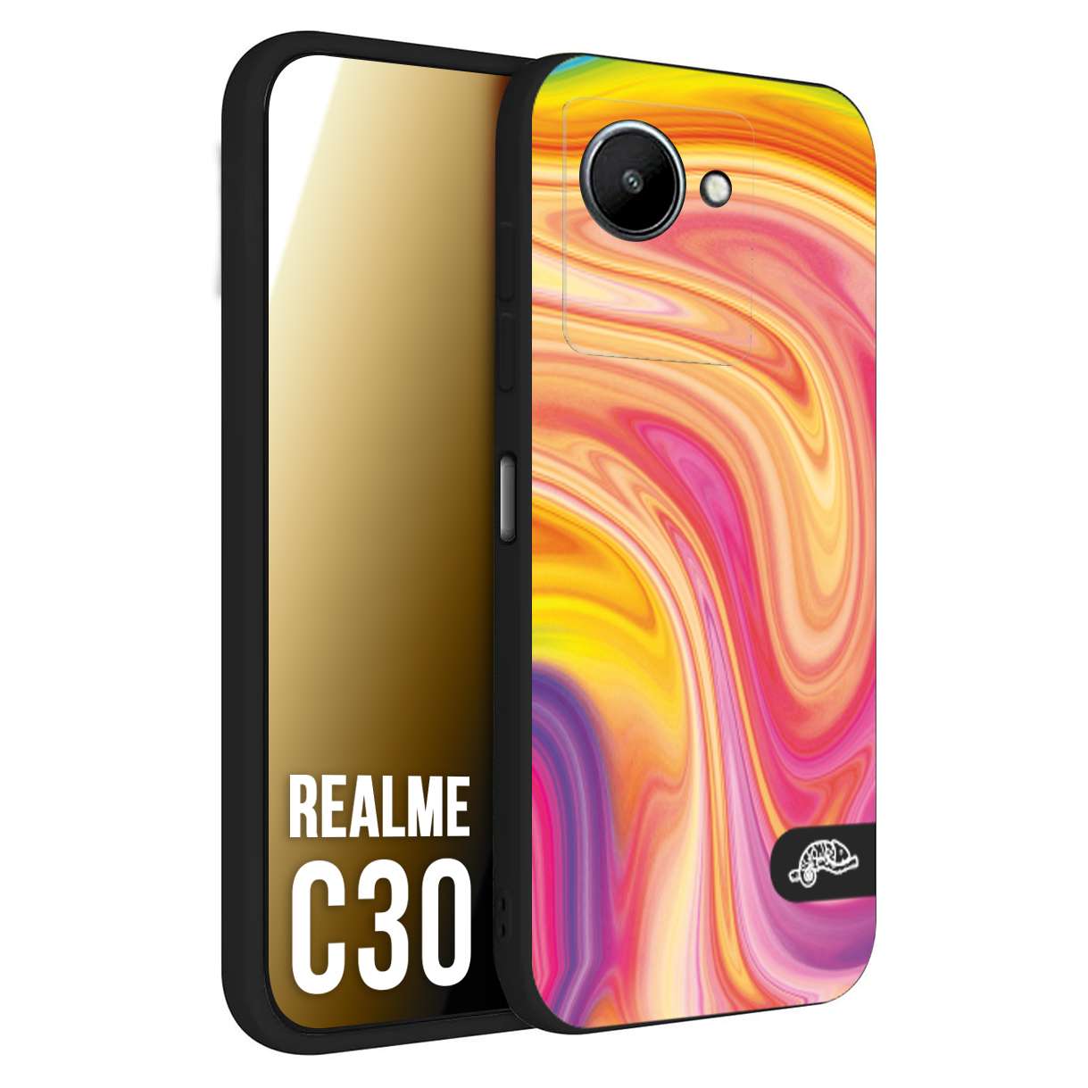 CUSTOMIZZA - Custodia cover nera morbida in tpu compatibile per Oppo Realme C30 colorata fantasia vortice marmo onde rosa fucsia gialla