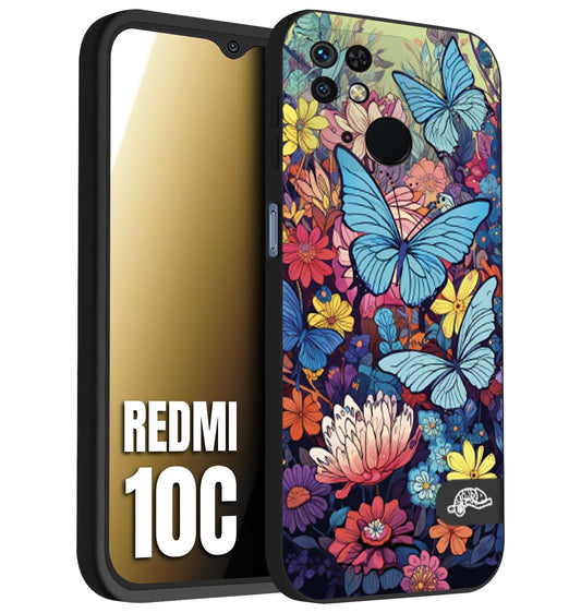 CUSTOMIZZA - Custodia cover nera morbida in tpu compatibile per Xiaomi Redmi 10C farfalle butterfly moderno donna disegnate gialla blu rosa