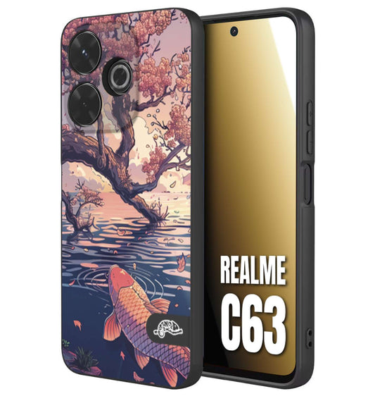 CUSTOMIZZA - Custodia cover nera morbida in tpu compatibile per Realme C63 giapponese lago carpa koi rosa con foglie d'acero disegnata tattoo