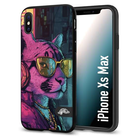 CUSTOMIZZA - Custodia cover nera morbida in tpu compatibile per iPhone Xs Max animali cyberpunk pantera street cat fucsia blu giallo