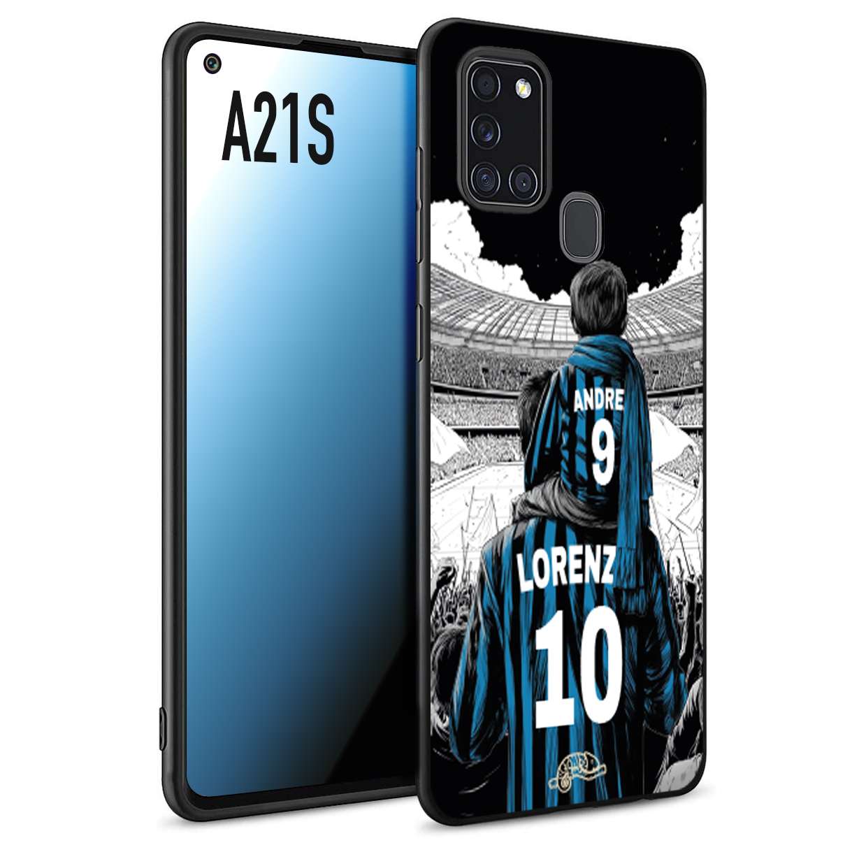 CUSTOMIZZA - Custodia cover nera morbida in tpu compatibile per Samsung A21S personalizzata calcio football padre e figlio calciatori nerazzurra