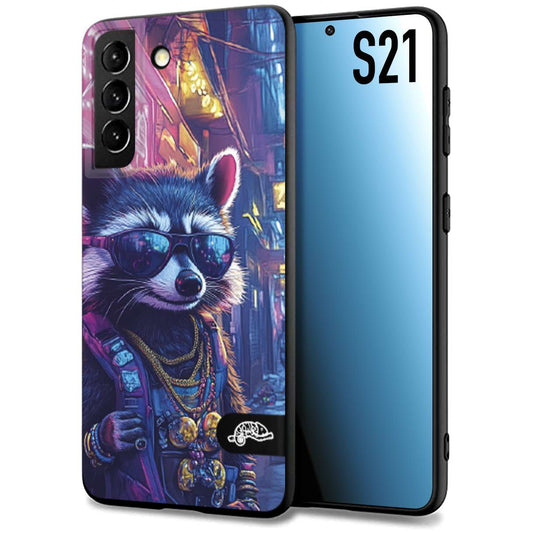 CUSTOMIZZA - Custodia cover nera morbida in tpu compatibile per Samsung S21 animali simpatici cyberpunk procione racoon street cat fucsia blu giallo
