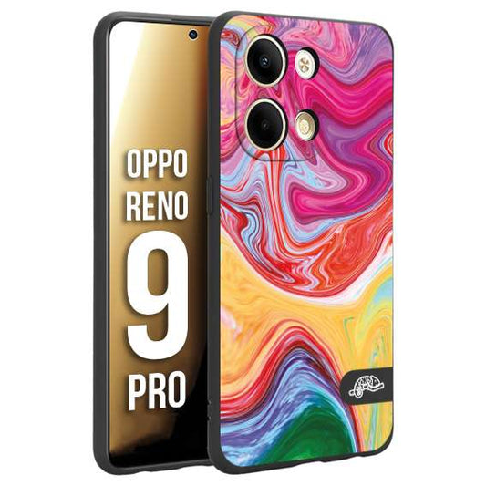 CUSTOMIZZA - Custodia cover nera morbida in tpu compatibile per Oppo Reno 9 PRO colorata fantasia vortice marmo onde verde fucsia gialla