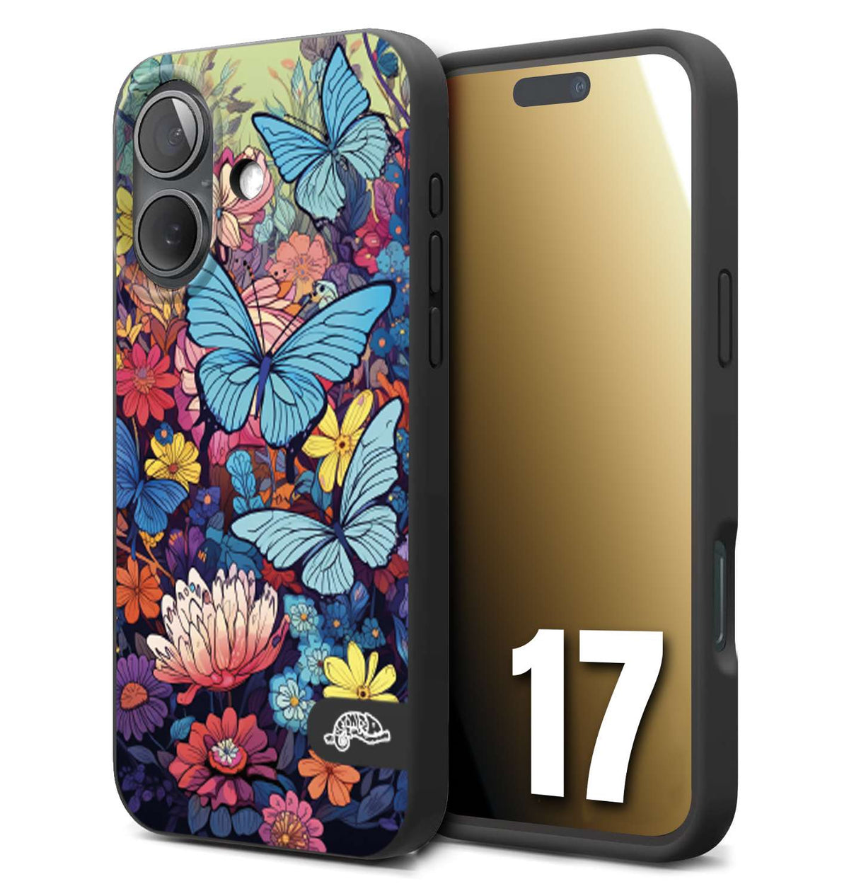 CUSTOMIZZA - Custodia cover nera morbida in tpu compatibile per iPhone 17 farfalle butterfly moderno donna disegnate gialla blu rosa