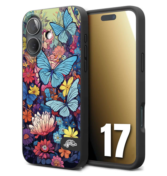 CUSTOMIZZA - Custodia cover nera morbida in tpu compatibile per iPhone 17 farfalle butterfly moderno donna disegnate gialla blu rosa