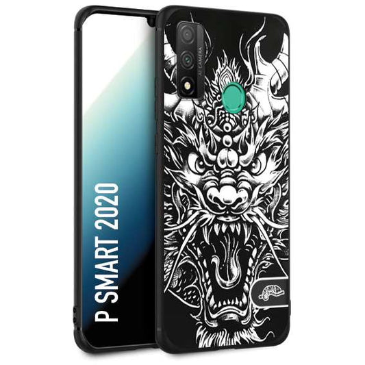 CUSTOMIZZA - Custodia cover nera morbida in tpu compatibile per Huawei P Smart 2020 drago black and white bianco a rilievo disegnato tattoo tatuaggio