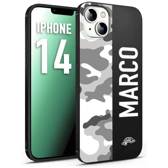 CUSTOMIZZA - Custodia cover nera morbida in tpu compatibile per iPhone 14 camouflage mimetico militare personalizzata nome bianco