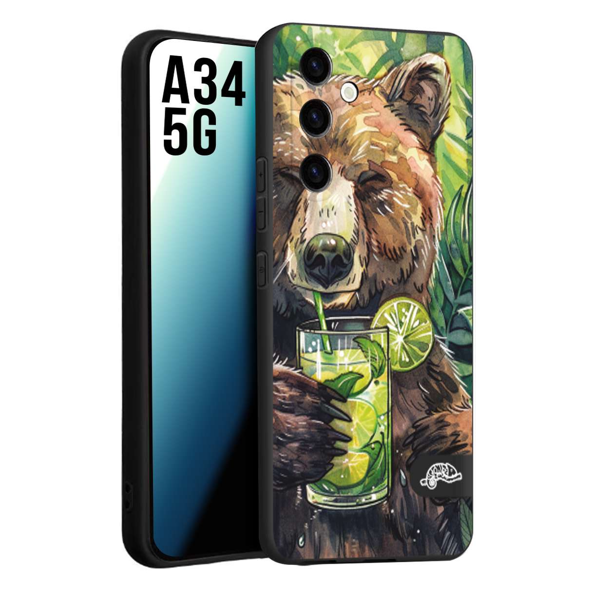 CUSTOMIZZA - Custodia cover nera morbida in tpu compatibile per Samsung A34 5G estate disegnata cocktails animali simpatici orso bear negroni