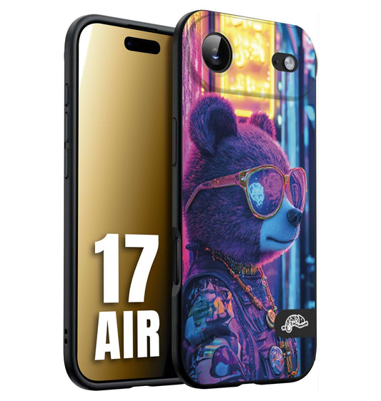 CUSTOMIZZA - Custodia cover nera morbida in tpu compatibile per iPhone 17 AIR animali cyberpunk orsetto orso street bear fucsia blu night