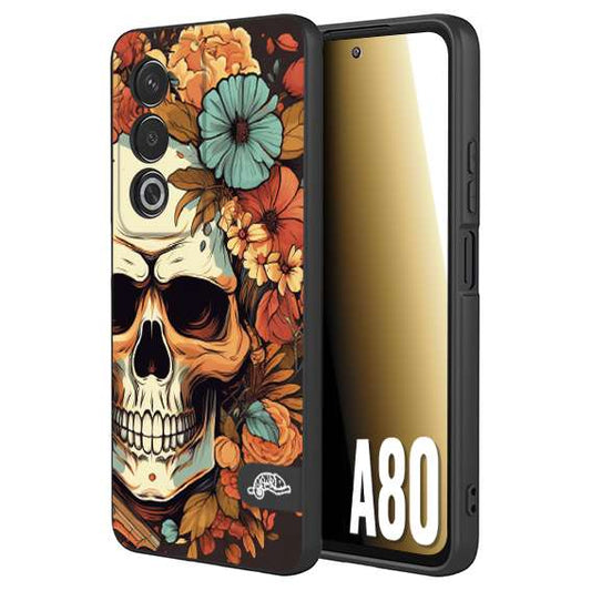 CUSTOMIZZA - Custodia cover nera morbida in tpu compatibile per Oppo A80 teschio skull flowers fiori autunnali arancio celeste tattoo