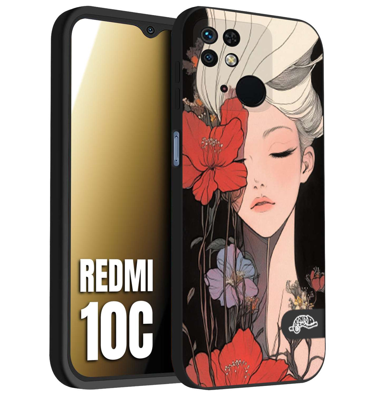 CUSTOMIZZA - Custodia cover nera morbida in tpu compatibile per Xiaomi Redmi 10C woman flower Fantasia Floreale Design Donna e Fiori, Retro Artistico