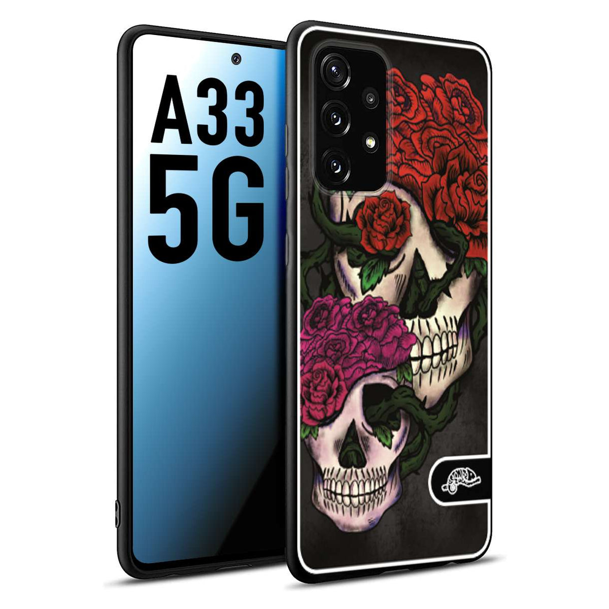 CUSTOMIZZA - Custodia cover nera morbida in tpu compatibile per Samsung A33 5G teschi e rose rosse fucsia skull and roses