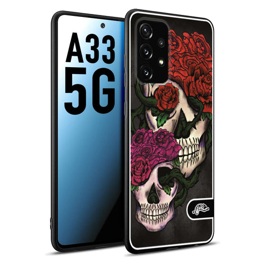 CUSTOMIZZA - Custodia cover nera morbida in tpu compatibile per Samsung A33 5G teschi e rose rosse fucsia skull and roses