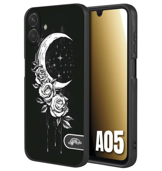 CUSTOMIZZA - Custodia cover nera morbida in tpu compatibile per Samsung A05 luna e fiori moon flowers black and white bianco a rilievo disegnato