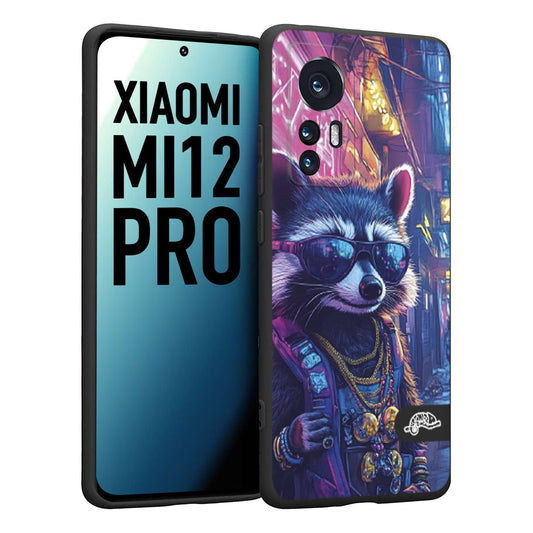 CUSTOMIZZA - Custodia cover nera morbida in tpu compatibile per Xiaomi 12 PRO animali simpatici cyberpunk procione racoon street cat fucsia blu giallo