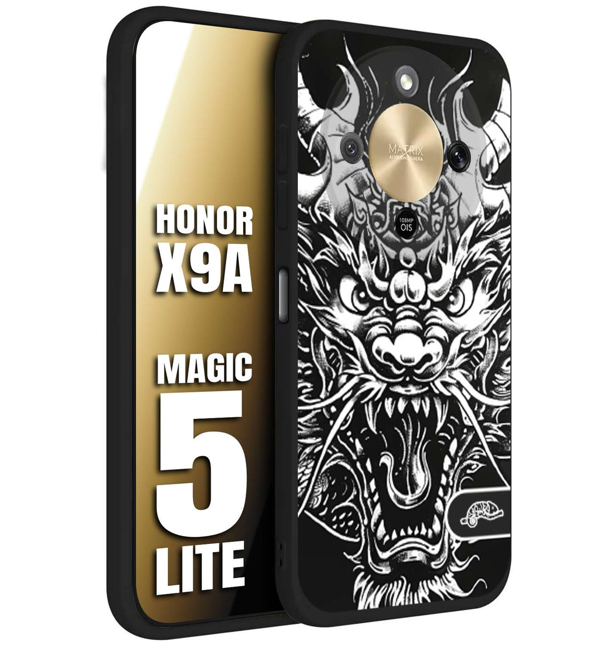 CUSTOMIZZA - Custodia cover nera morbida in tpu compatibile per Honor X9A - Honor Magic 5 Lite drago black and white bianco a rilievo disegnato tattoo tatuaggio