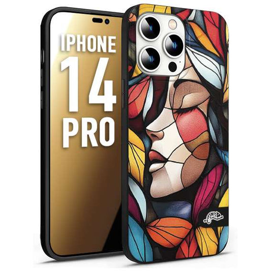 CUSTOMIZZA - Custodia cover nera morbida in tpu compatibile per iPhone 14 PRO Vetrata artistica volto di donna profilo fogliare mosaico di vetro colorato