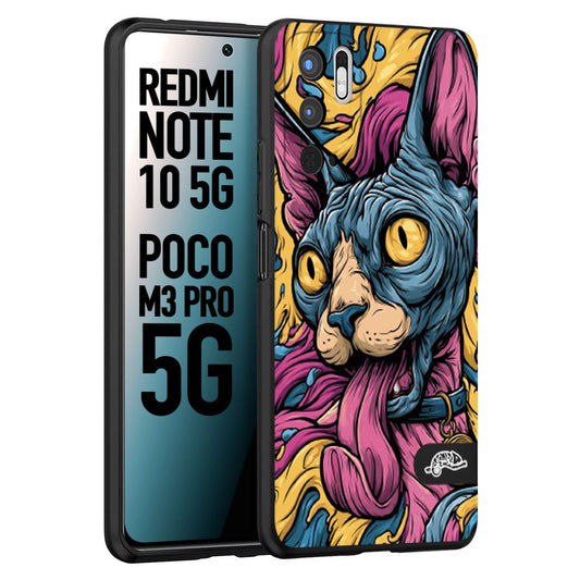CUSTOMIZZA - Custodia cover nera morbida in tpu compatibile per Xiaomi Redmi Note 10 5G - Poco M3 Pro 5G Sphynx Colorato Pop Art Psichedelico Gatto Blu Rosa Giallo Artistica Fantasy