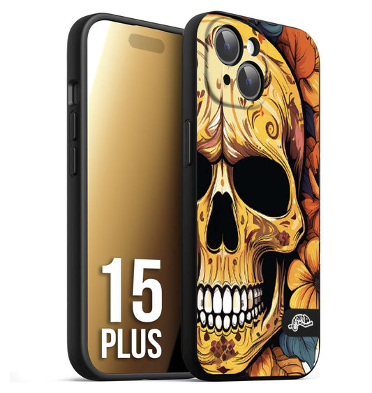 CUSTOMIZZA - Custodia cover nera morbida in tpu compatibile per iPhone 15 PLUS teschio messicano colorato dorato fiori autunnali disegnato
