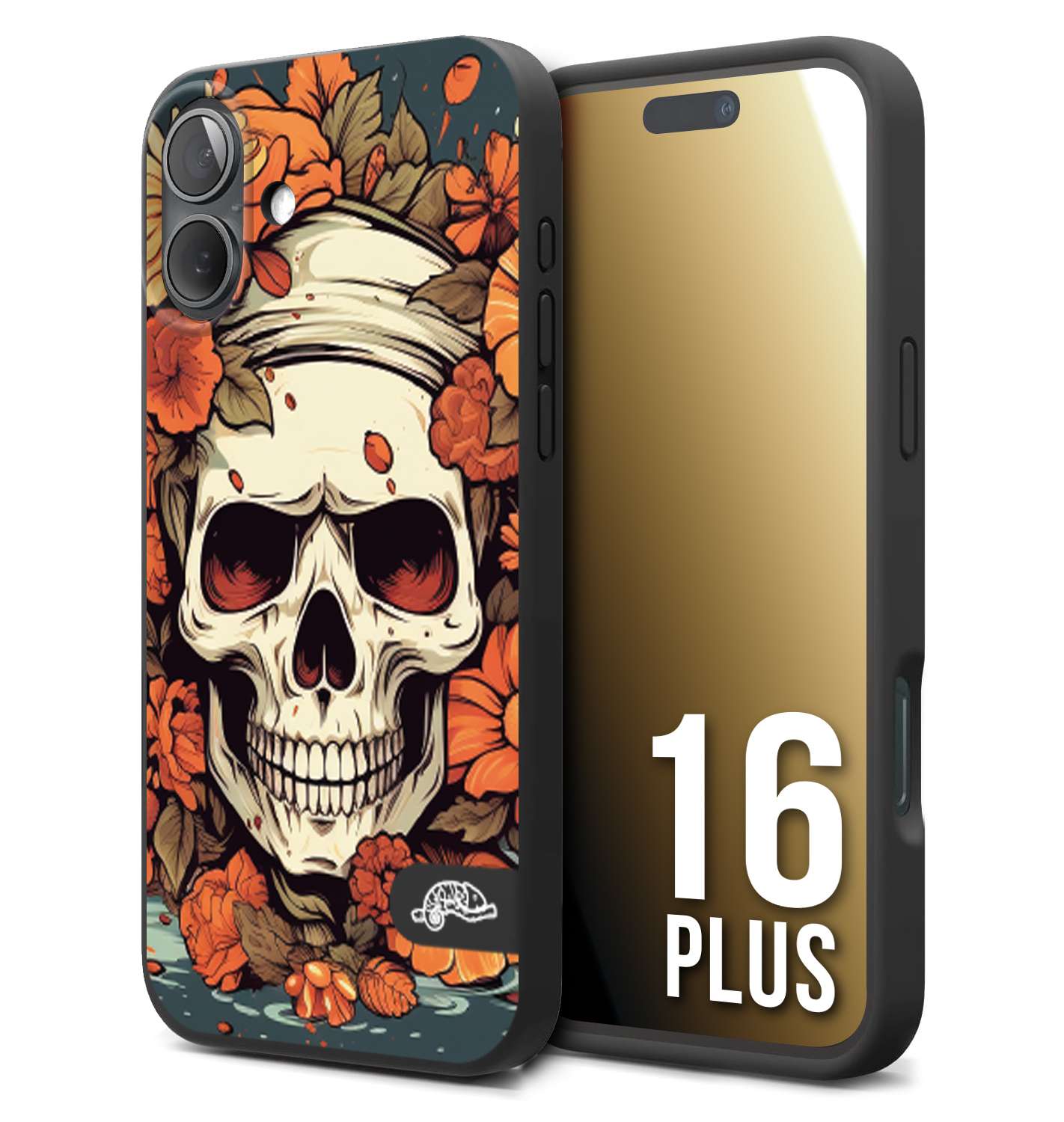 CUSTOMIZZA - Custodia cover nera morbida in tpu compatibile per iPhone 16 PLUS teschio skull flowers fiori tattoo disegnato alta definizione