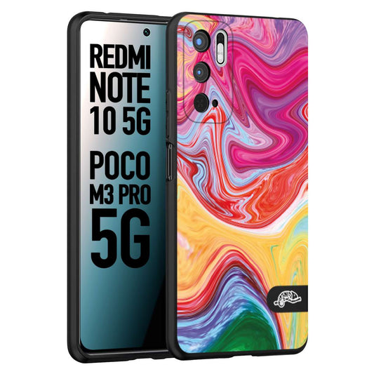 CUSTOMIZZA - Custodia cover nera morbida in tpu compatibile per Xiaomi Redmi Note 10 5G - Poco M3 Pro 5G colorata fantasia vortice marmo onde verde fucsia gialla