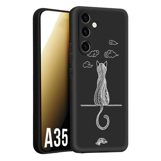 CUSTOMIZZA - Custodia cover nera morbida in tpu compatibile per Samsung A35 5G gatto mandala stilizzato gattino a rilievo soft touch donna bianca