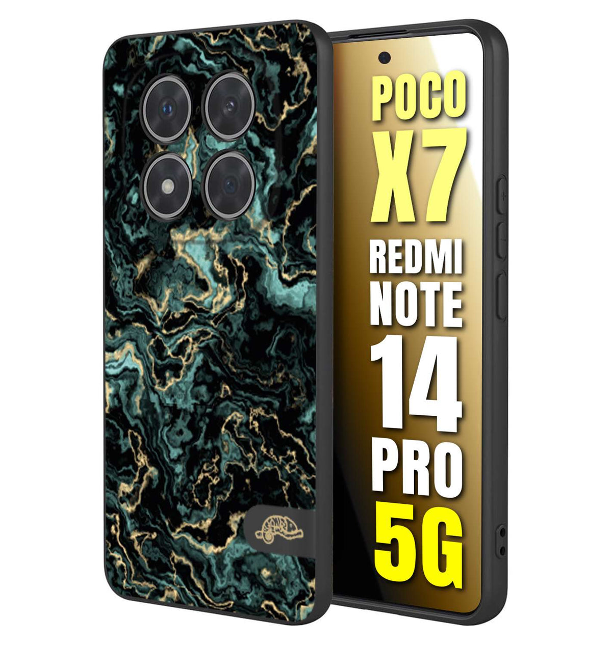 CUSTOMIZZA - Custodia cover nera morbida in tpu compatibile per Xiaomi Redmi Note 14 PRO 5G effetto marmo marble verde green venature dorato pietra