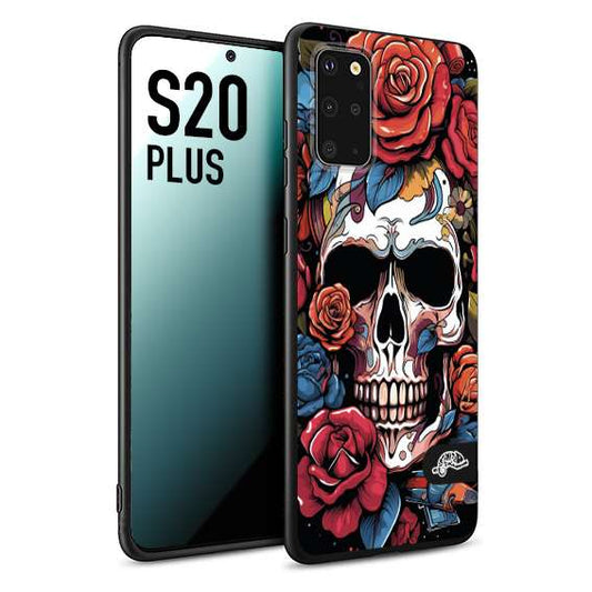 CUSTOMIZZA - Custodia cover nera morbida in tpu compatibile per Samsung S20 PLUS teschio skull flowers fiori rose rosse tattoo disegnato