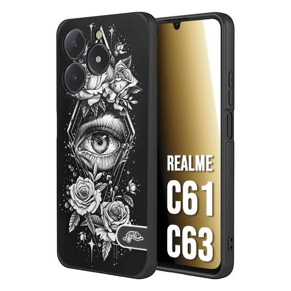 CUSTOMIZZA - Custodia cover nera morbida in tpu compatibile per Realme C61 - C63 occhio fiori rombo geometrico black and white bianco a rilievo disegnato tattoo tatuaggio