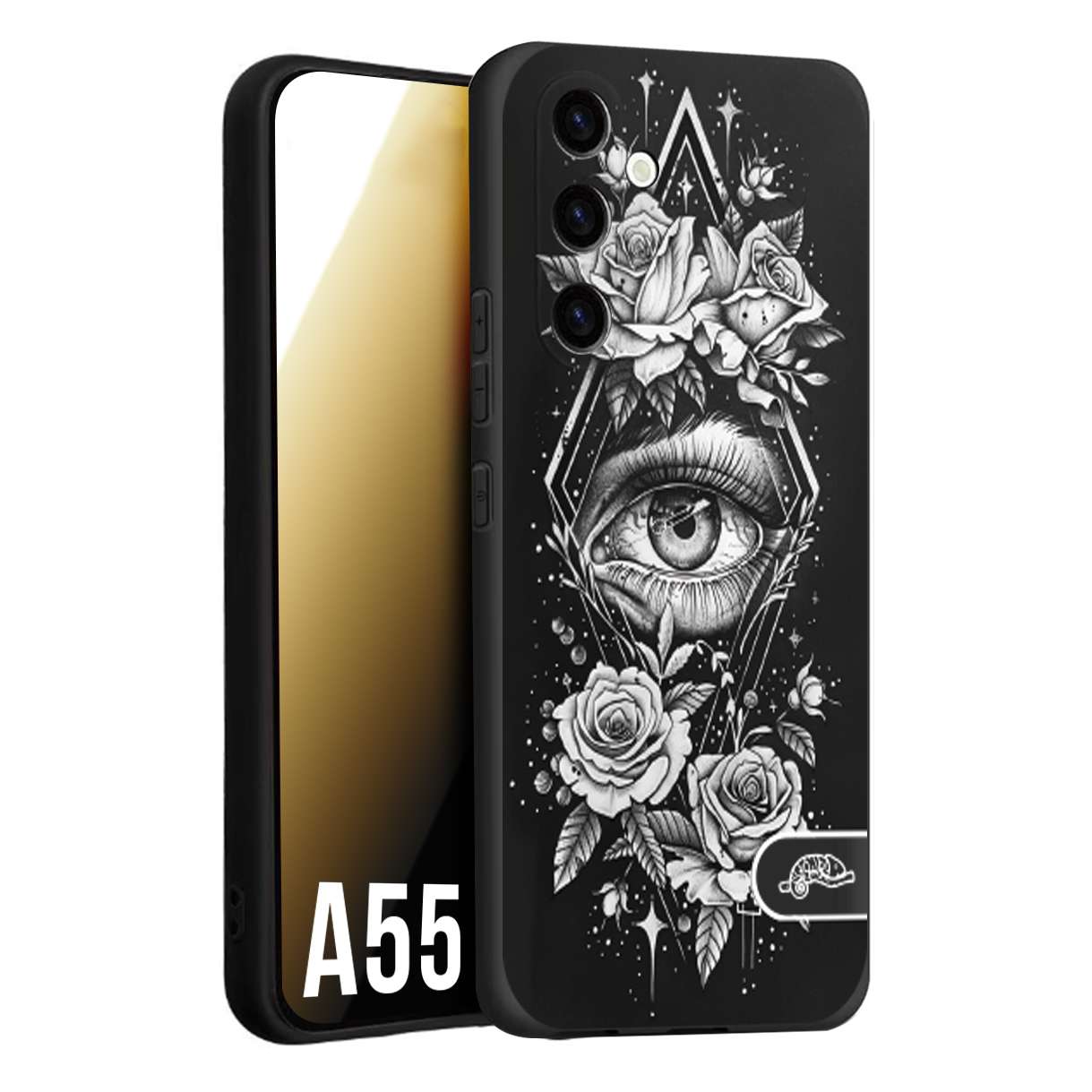 CUSTOMIZZA - Custodia cover nera morbida in tpu compatibile per Samsung A55 5G occhio fiori rombo geometrico black and white bianco a rilievo disegnato tattoo tatuaggio