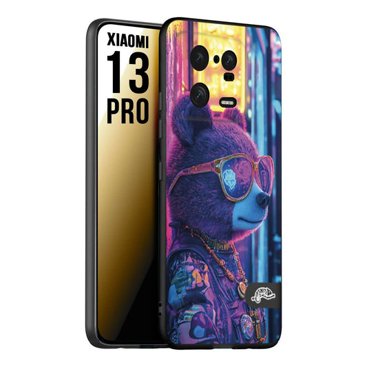 CUSTOMIZZA - Custodia cover nera morbida in tpu compatibile per Xiaomi 13 PRO animali cyberpunk orsetto orso street bear fucsia blu night