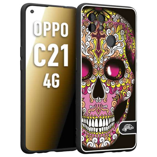 CUSTOMIZZA - Custodia cover nera morbida in tpu compatibile per Realme C21 4G teschio messicano Mexican skull rosa gialla