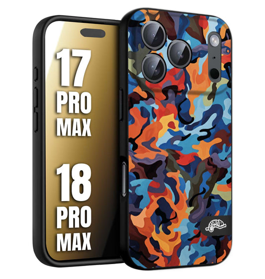 CUSTOMIZZA - Custodia cover nera morbida in tpu compatibile per iPhone 17 PRO MAX - 18 PRO MAX camouflage mimetico militare moderno blu arancio rosso