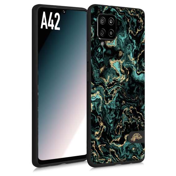 CUSTOMIZZA - Custodia cover nera morbida in tpu compatibile per Samsung A42 effetto marmo marble verde green venature dorato pietra