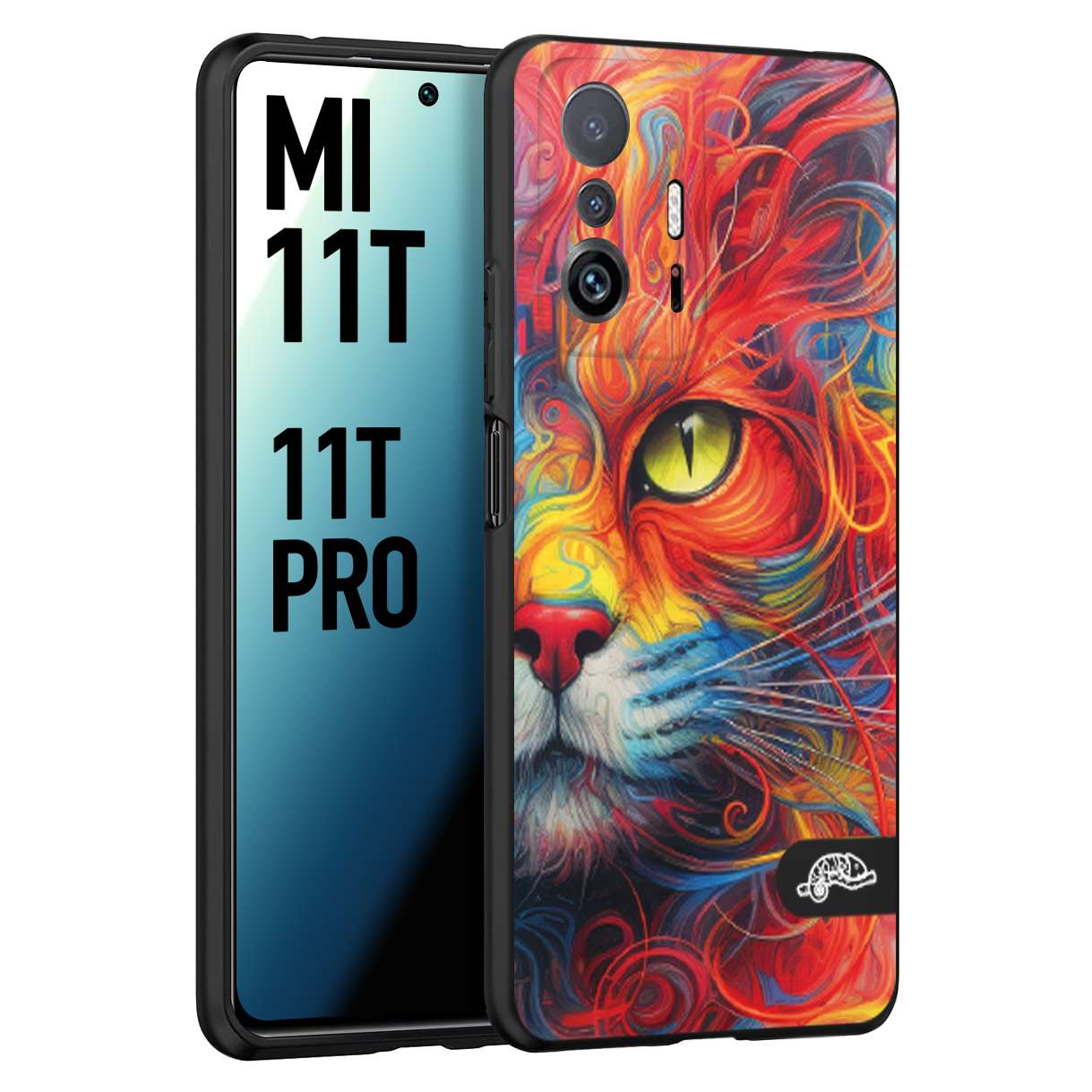 CUSTOMIZZA - Custodia cover nera morbida in tpu compatibile per Xiaomi Mi 11T - Mi 11T PRO animali color cat gatto viso colori vibranti disegnato schizzo