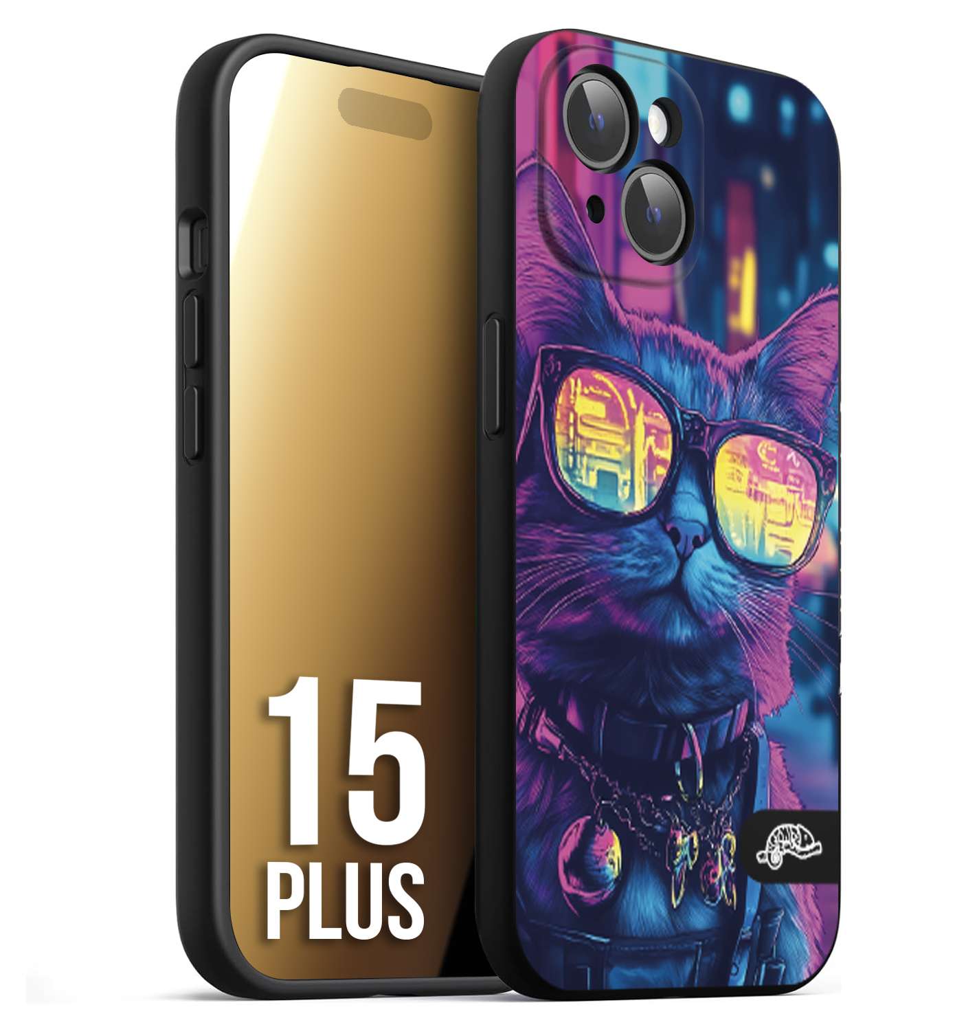 CUSTOMIZZA - Custodia cover nera morbida in tpu compatibile per iPhone 15 PLUS animali cyberpunk gatto street cat fucsia blu giallo