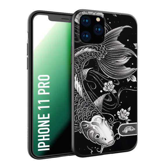 CUSTOMIZZA - Custodia cover nera morbida in tpu compatibile per iPhone 11 PRO carpa koi black and white bianco a rilievo disegnato tattoo tatuaggio