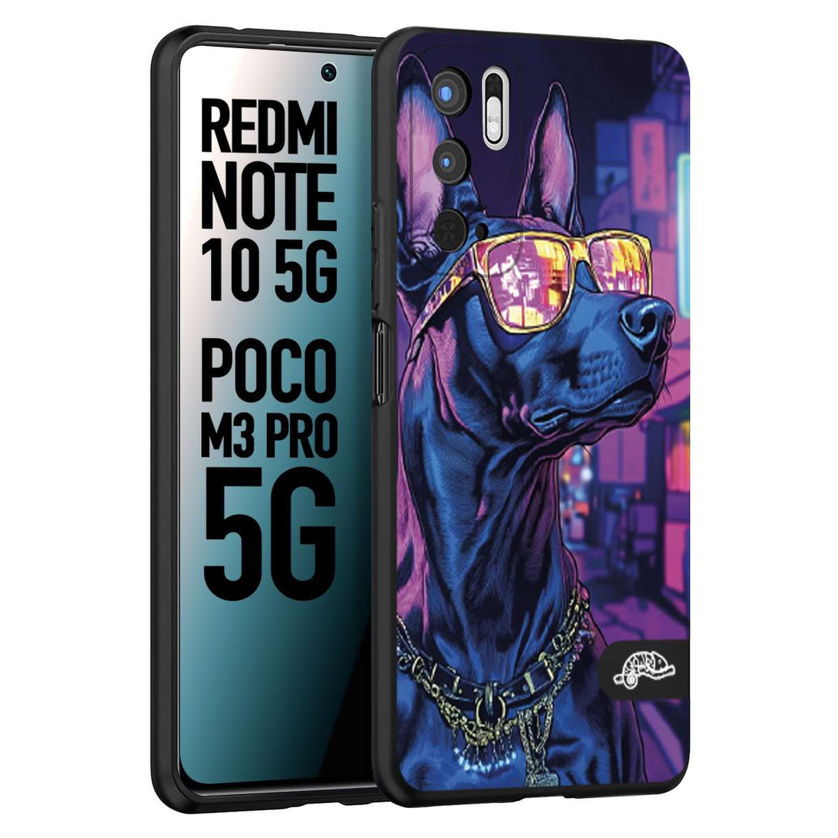 CUSTOMIZZA - Custodia cover nera morbida in tpu compatibile per Xiaomi Redmi Note 10 5G - Poco M3 Pro 5G animali cyberpunk dobermann cane street dog fucsia blu night