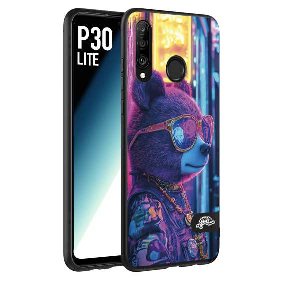 CUSTOMIZZA - Custodia cover nera morbida in tpu compatibile per Huawei P30 LITE animali cyberpunk orsetto orso street bear fucsia blu night
